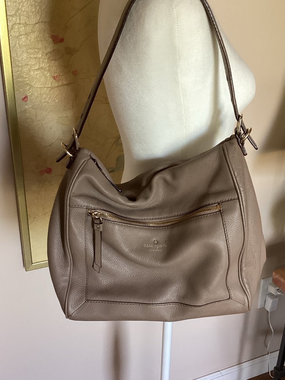 kate spade taupe leather shoulder hobo with gold hardware